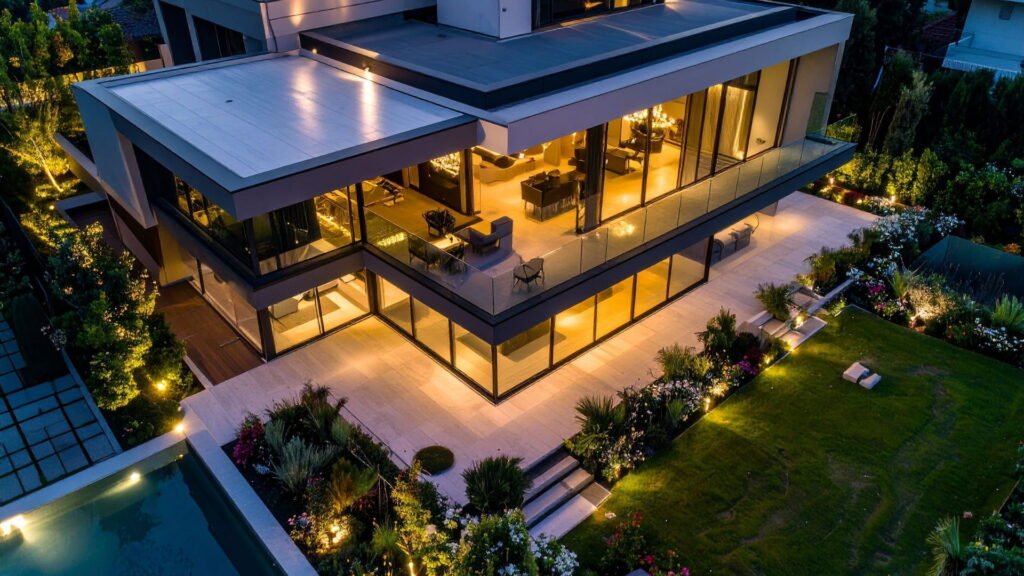 California real estate house with glass windows, patio, and garden.