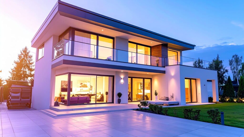 California real estate house with large windows, lawn, and trees.