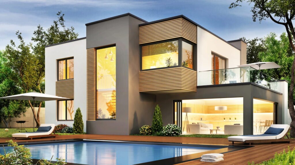 California real estate house with large windows, pool, and garden.