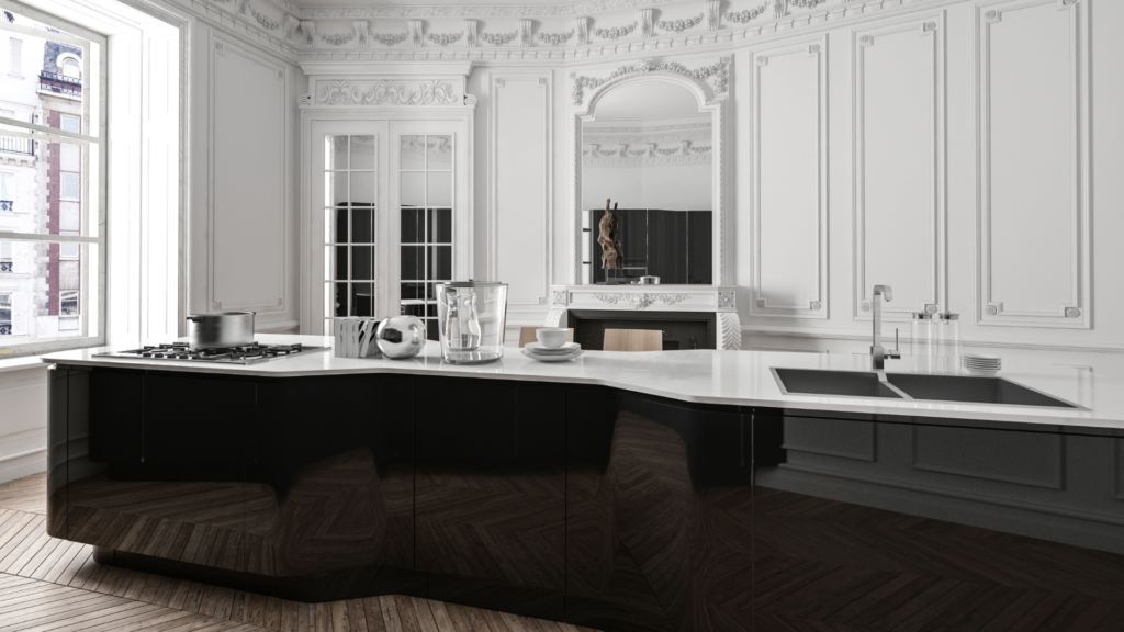 Kitchen with black island, white countertop, wall molding, and large windows.